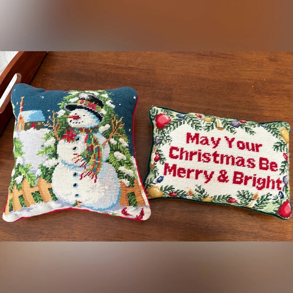 Set of 2 Vintage Needlepoint Festive Snowman and Holiday Message Pillow Set